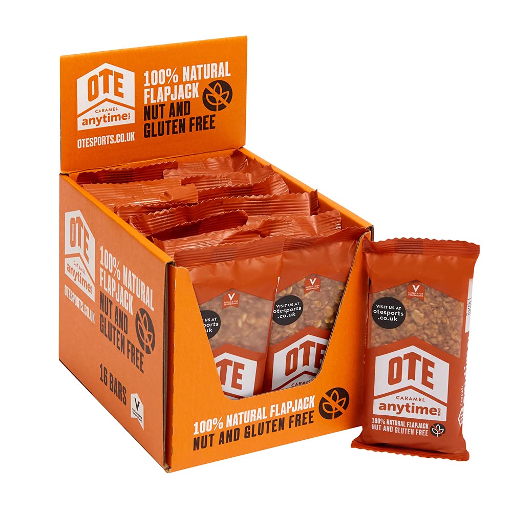 OTE Anytime Bars - Energy Bars for Cycling - Cycling Nutrition Bars - Nut Free Snacks for Running - Endurance Flapjack Bars - Box of 16 x 62g (Caramel)