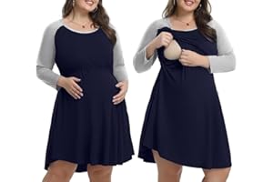 MONNURO Women's Plus Size Nursing Dress Color Block Labor Delivery Maternity Nightgown Dress for Breastfeeding