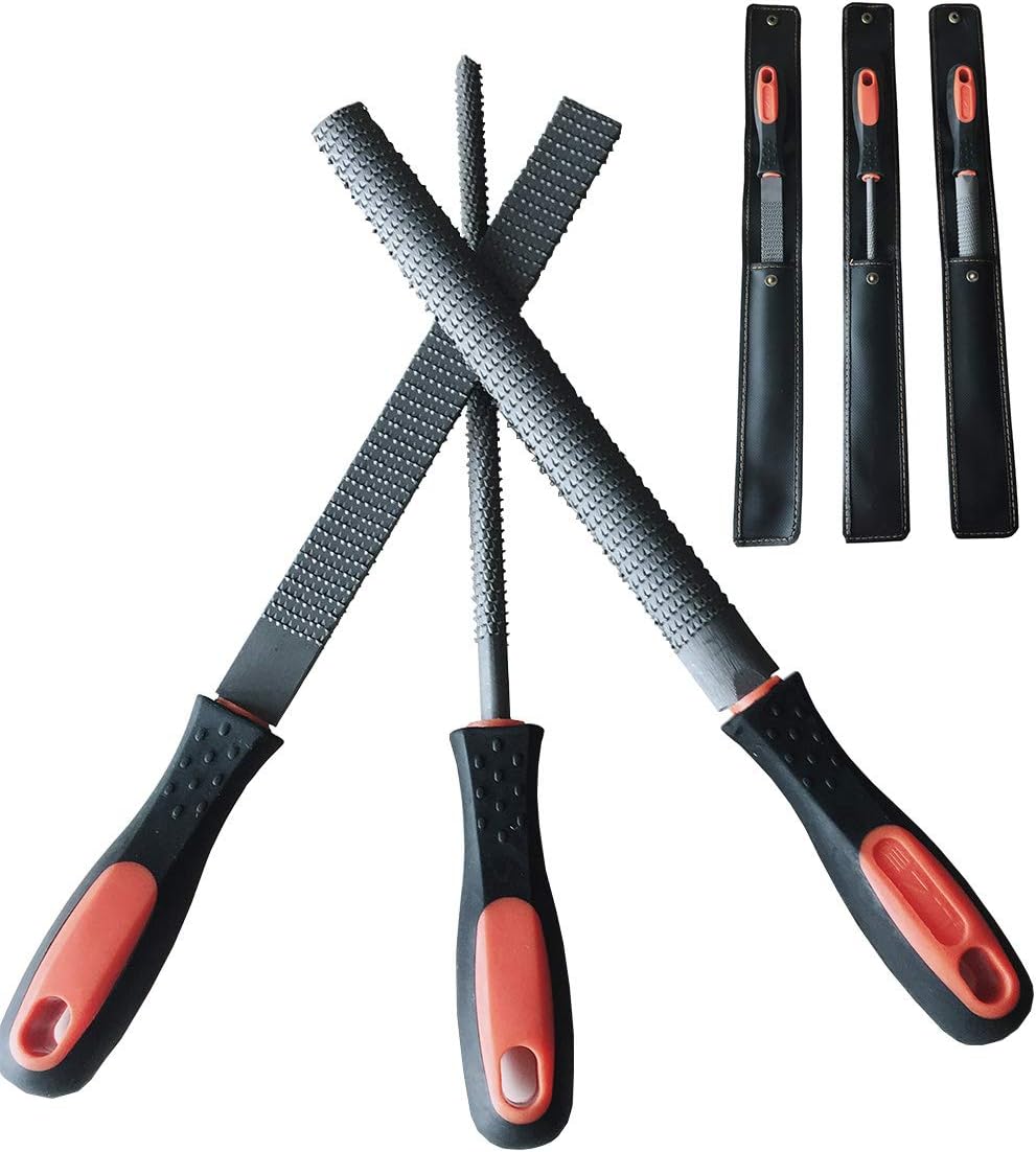 LK-World 8" Wood Rasp File Set with Rubber Grip - Includes Hand Cut Round, Half-Round, and Flat Rasp File Kit - Curved and Flat Tools(3 Pcs) The Color of Packing Bag is Random