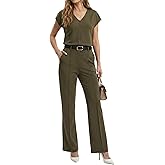 GRECERELLE 2026 Women's Spring & Summer Business Casual 2 Piece Set : V-Neck Top & Wrinkle-Free Pants With Pockets
