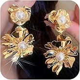 Statement Large Gold Flower Pearl Earrings for Women, Vintage Double Big Metal Floral Flowers Pearls Drop Dangle Stud Earring Trendy Y2k Prom Jewelry Gift