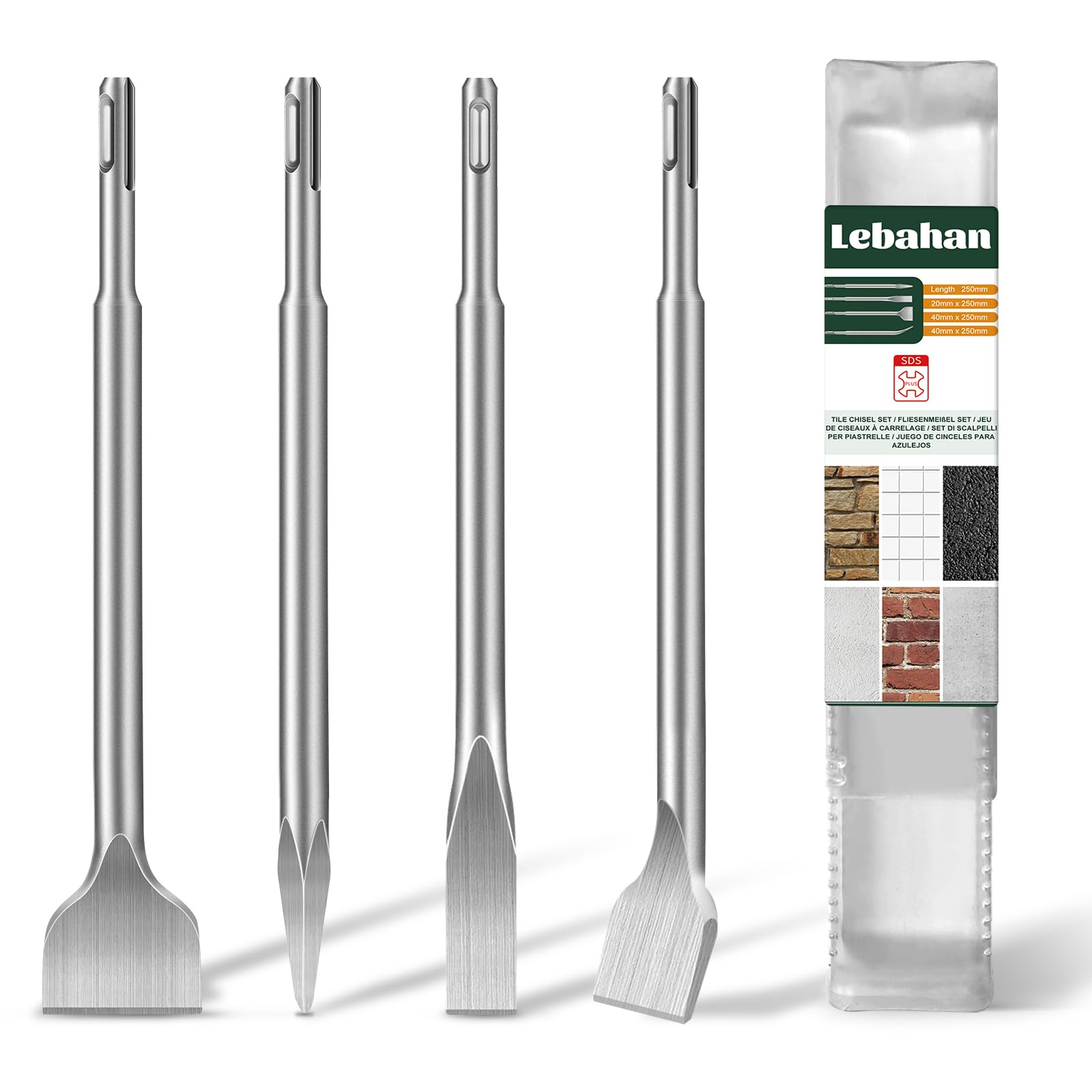 LEBAHAN SDS Plus Chisel Set, 4-Piece SDS Plus Tile Chisel, 1 x Pointed, 1 x Flat, 2 x Tile Chisels, Professional for All SDS Plus Impact and Rotary Hammers