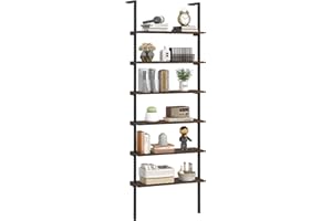 Giantex 6-Tier Ladder Shelf, 72" Wall Mounted Bookshelf with Metal Frame, Industrial Open Storage Shelves, Wooden Bookcase Di