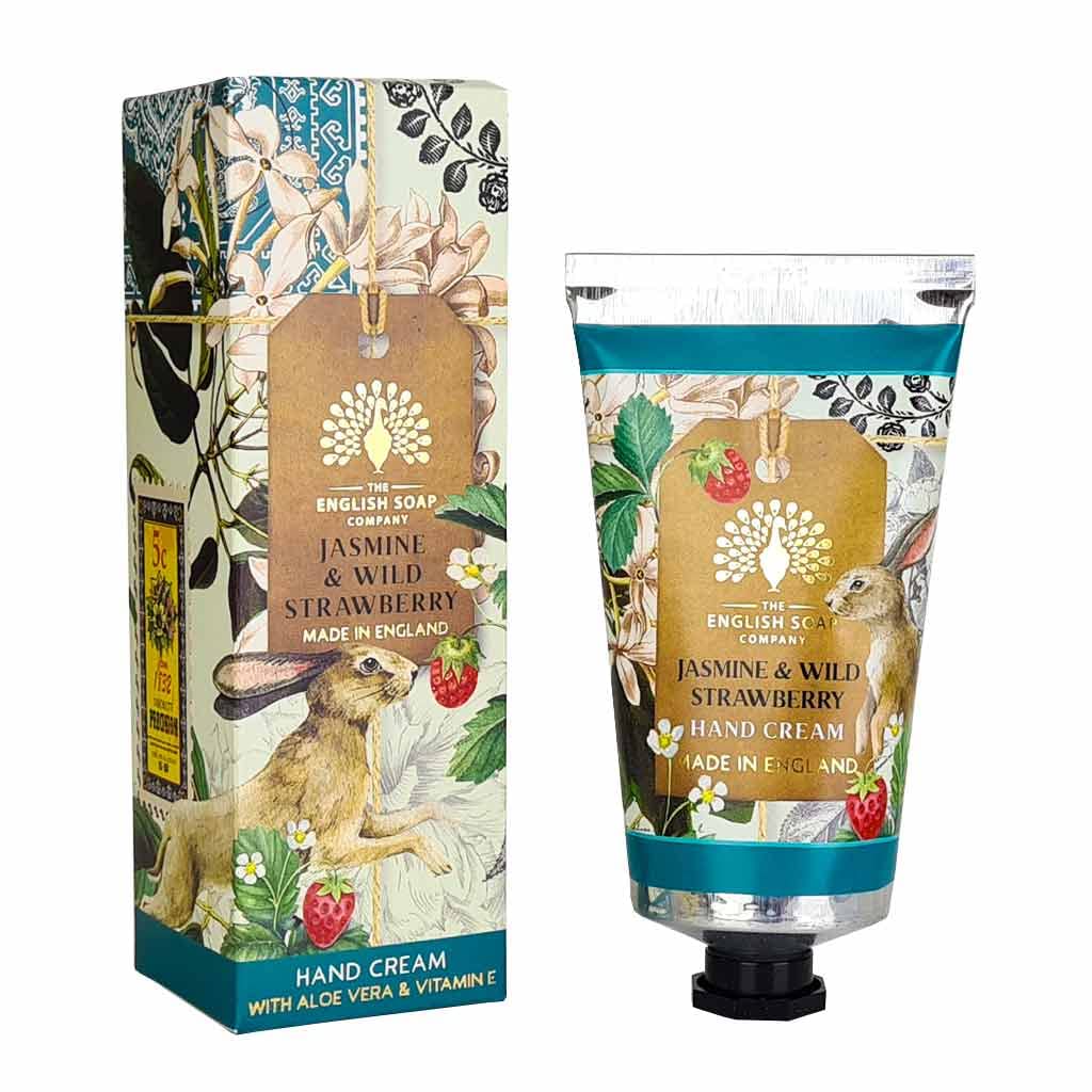 The English Soap Company Anniversary Jasmine and Wild Strawberry Hand Cream - Moisturising Formula with Shea Butter, Aloe Vera and Beeswax - Recyclable Aluminium Tube, Made in England - 75ml
