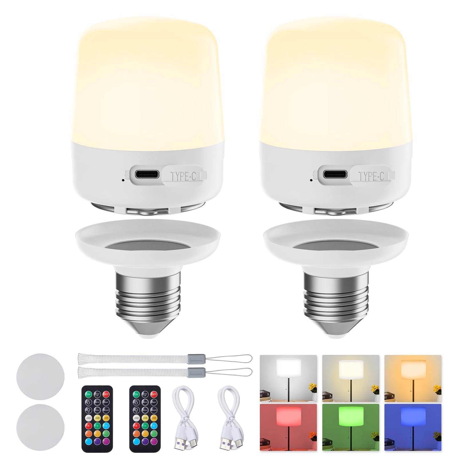 Photo 1 of Minetom E26 Rechargeable Light Bulbs with Remote and Timer, Battery Backup Bulb with 12 Colors and Brightness Dimmable, 2300mAh 40W Equivalent LED Light Bulbs for Lamps Sconces Camping, 2 Pack