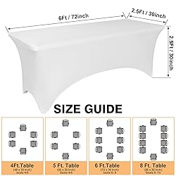 2 Pack 6 Feet White Spandex Tablecloth for