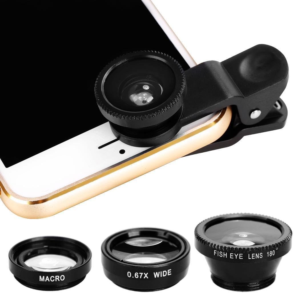 Juzie Camera Lens Kit, 3 in 1 Fisheye Wide Angle Macro with Clip, Universal for Mobile Phone Black