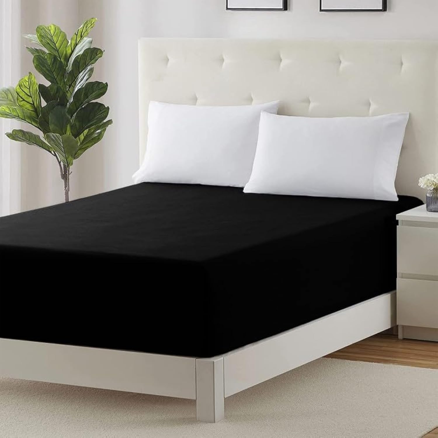 Prime Linens Extra Deep 30Cm Plain Fitted Sheet, Elastic Pocket Breathable Soft Polyester Cotton Bed sheet Machine Washable Fade Resistant (Black, Single)