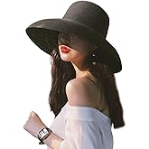 BSYLOO Wide-Brim Classic Elegant Style Foldable Straw Hat Women's Retro UV Resistant Sun Hats for Outdoor, Beach and Travel