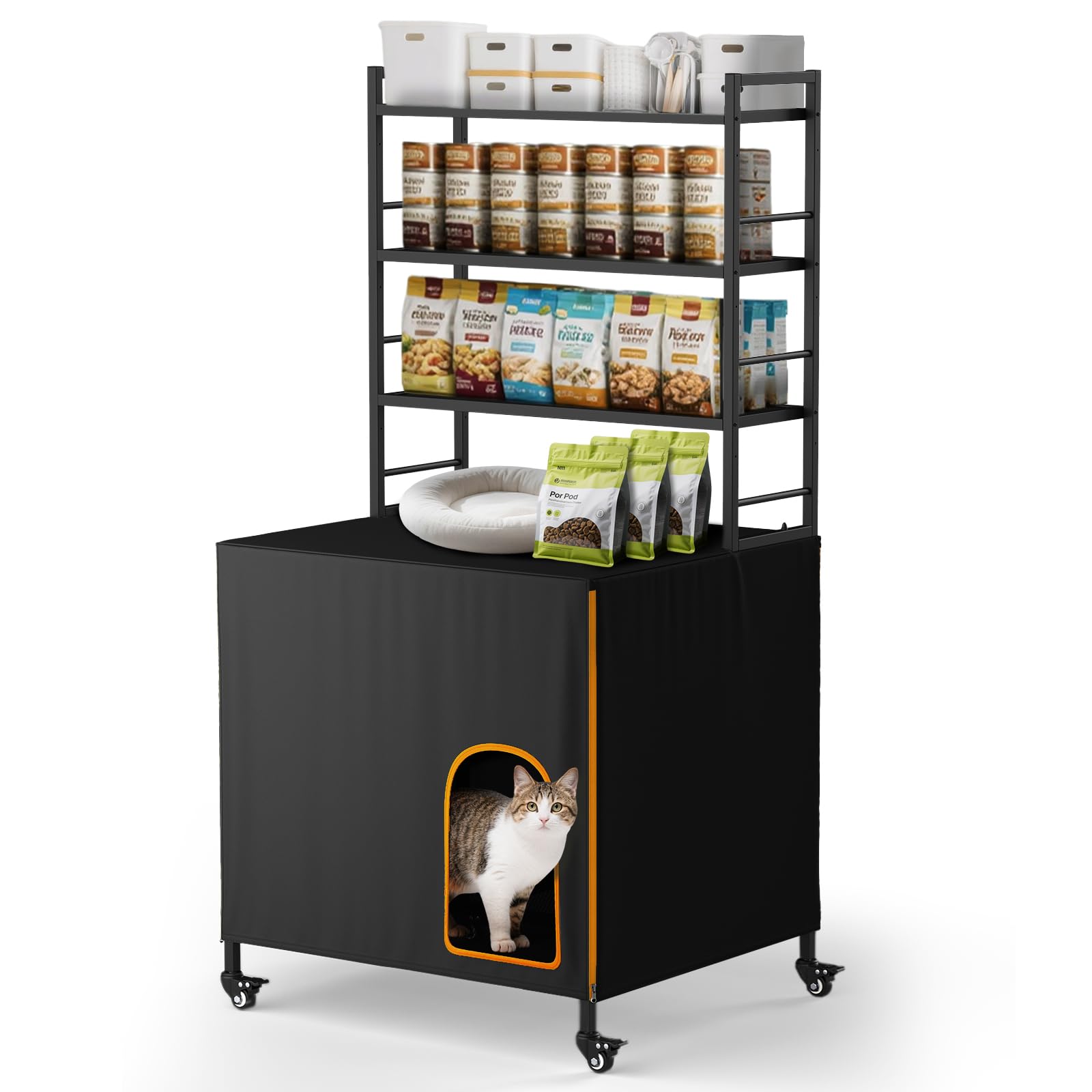 Photo 1 of *****BRAND NEW ITEM***** Lekereise Cat Litter Box Enclosure, Large Hidden Litter Box Furniture with Removable Waterproof Cover, Kitty Litter Box Furniture with 3-Tier Adjustable Shelves Storage and Wheels (70.87”H, Black)