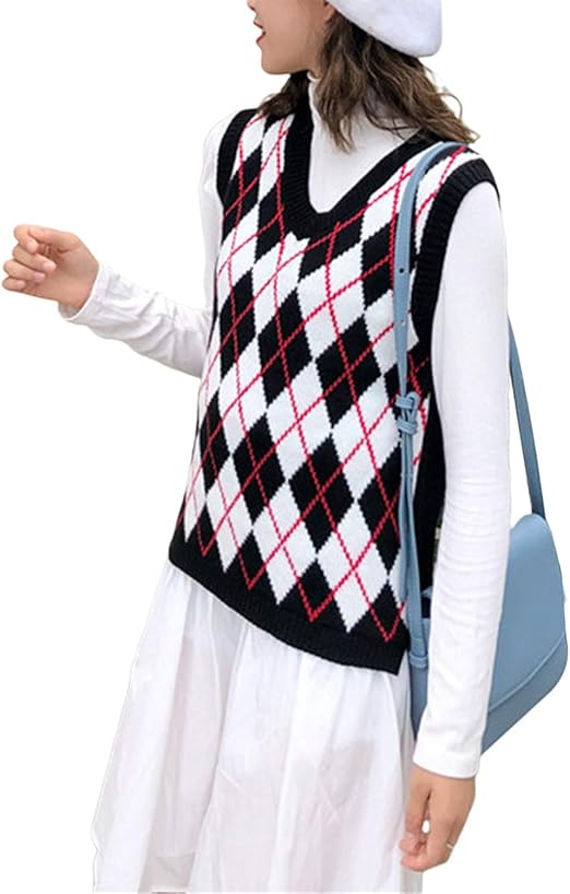 Buy Womens Argyle Sweater Vest Sleeveless V Neck Crop Tank Top Vintage