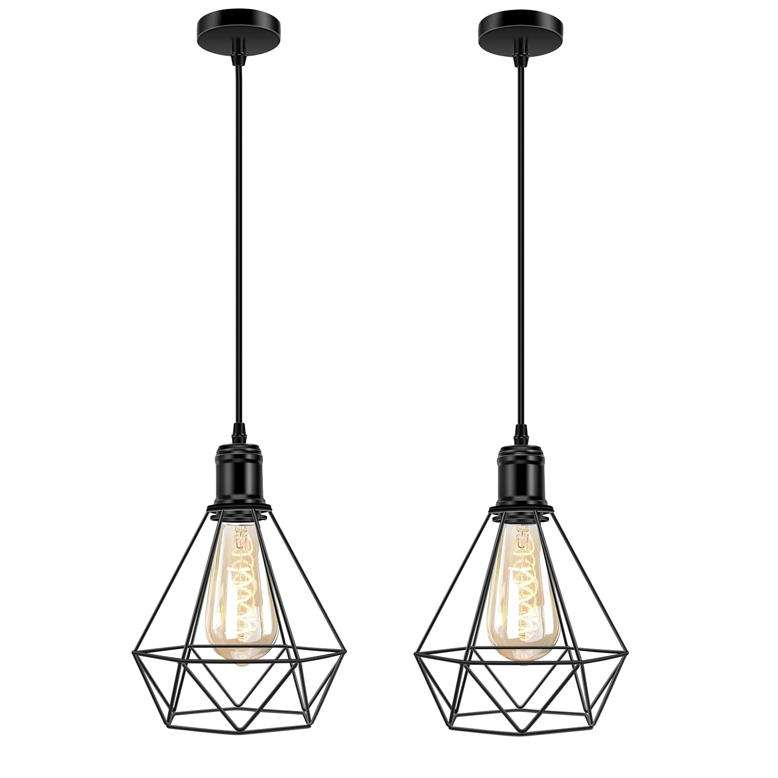 Biqing Industrial Cage Pendant Ceiling Light,Adjustable Hanging Ceiling Lights, Black Wire Lampshade for Kitchen Bedroom Bar Cafe Hallway, Large Size, 2PCS