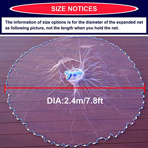 EASY BIG American Fishing Nets Cast Net with Aluminum Frisbee for Bait Trap Fish Dia:7.8ft/9.8ft/11.8ft/13.7ft, 0.8inch Mesh Size