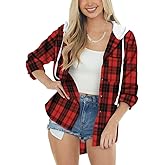 INFITTY Women's Buffalo Plaid Hoodie Long Sleeve Jacket Button Drawstring Casual Fall Shirts with Pocket Red Size Small