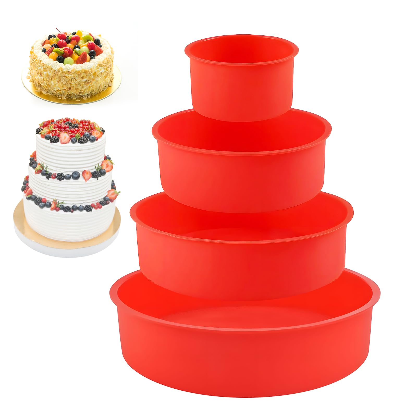 Silicone Baking Mould, Round, Pack of 4 Round Layered Cake Baking Moulds, 4/6/8/10 Inch Silicone Cake Mould, Round, Non-Stick Cake Mould, Round Silicone for Layer Cakes, Cheesecakes, Breads (Red)
