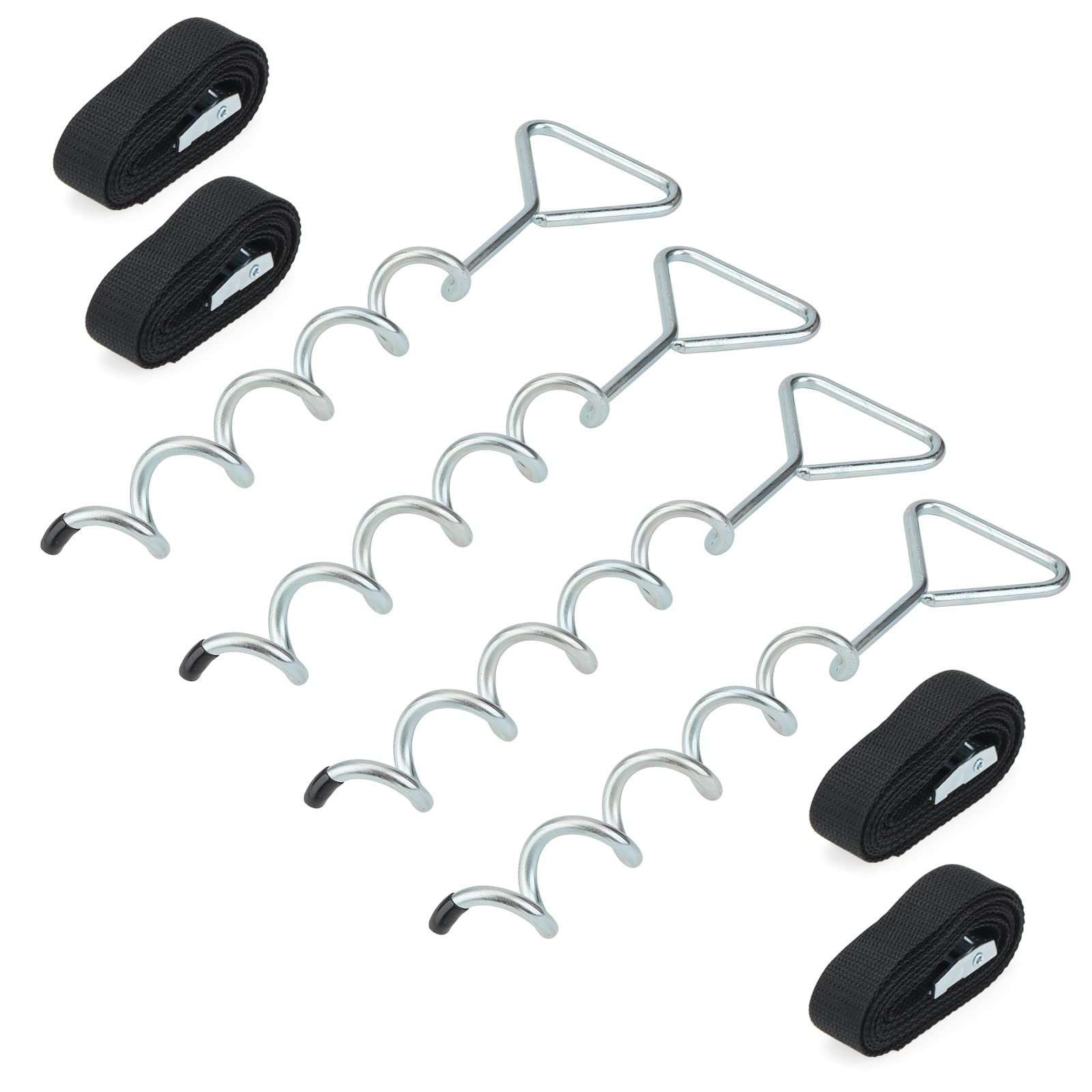 MUKCHAP Set of 4 Trampoline Anchor Kit with Triangle Head, 15.7 Inch Trampoline Tie Down Kit with Straps, Galvanized Spiral Ground Swings Anchor Set for Sheds, Tents