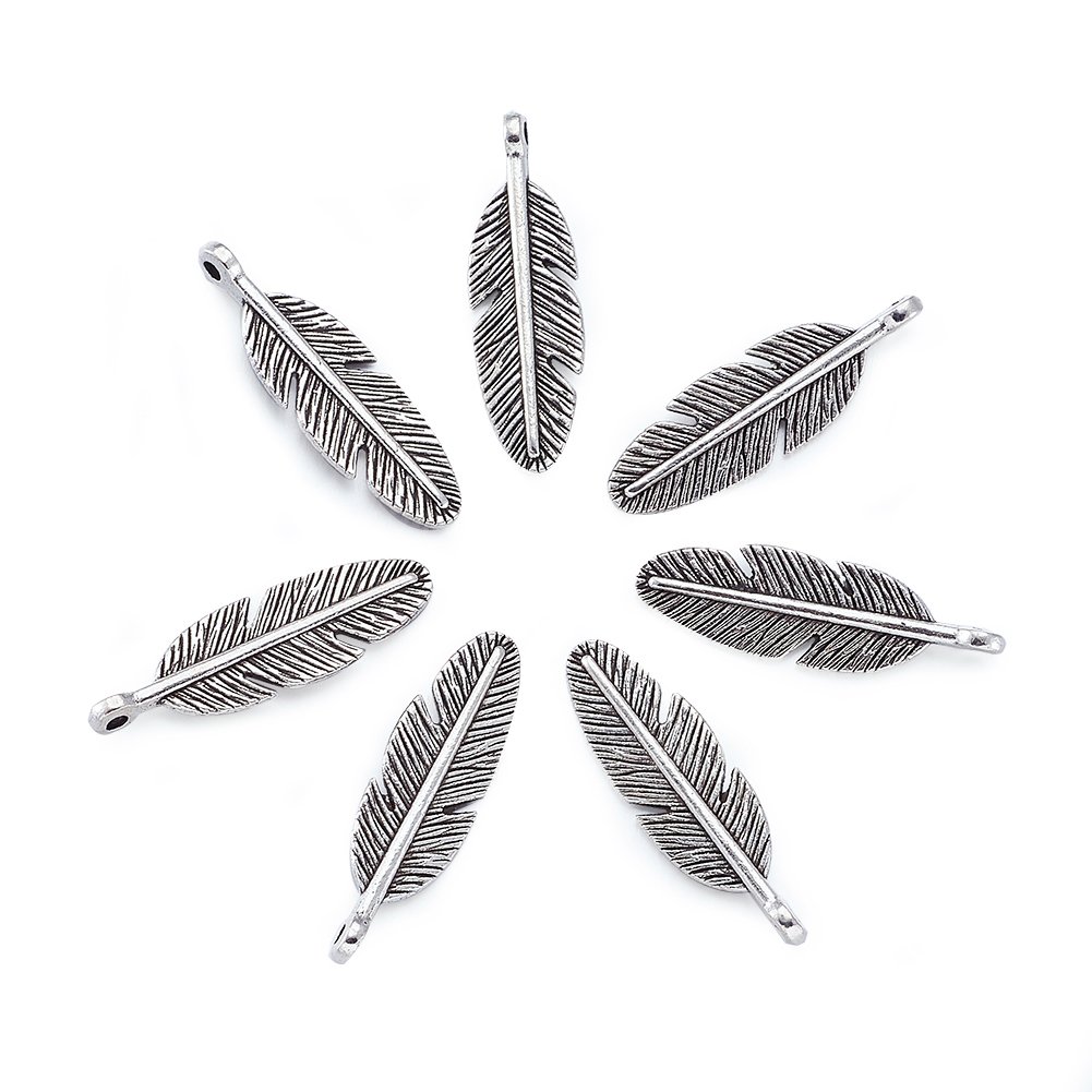 Craftdady 20pcs Antique Silver Feather Pendants 30x9mm Tibetan Metal Dangle Leaf Charms for Jewelry Making Hole: 2mm