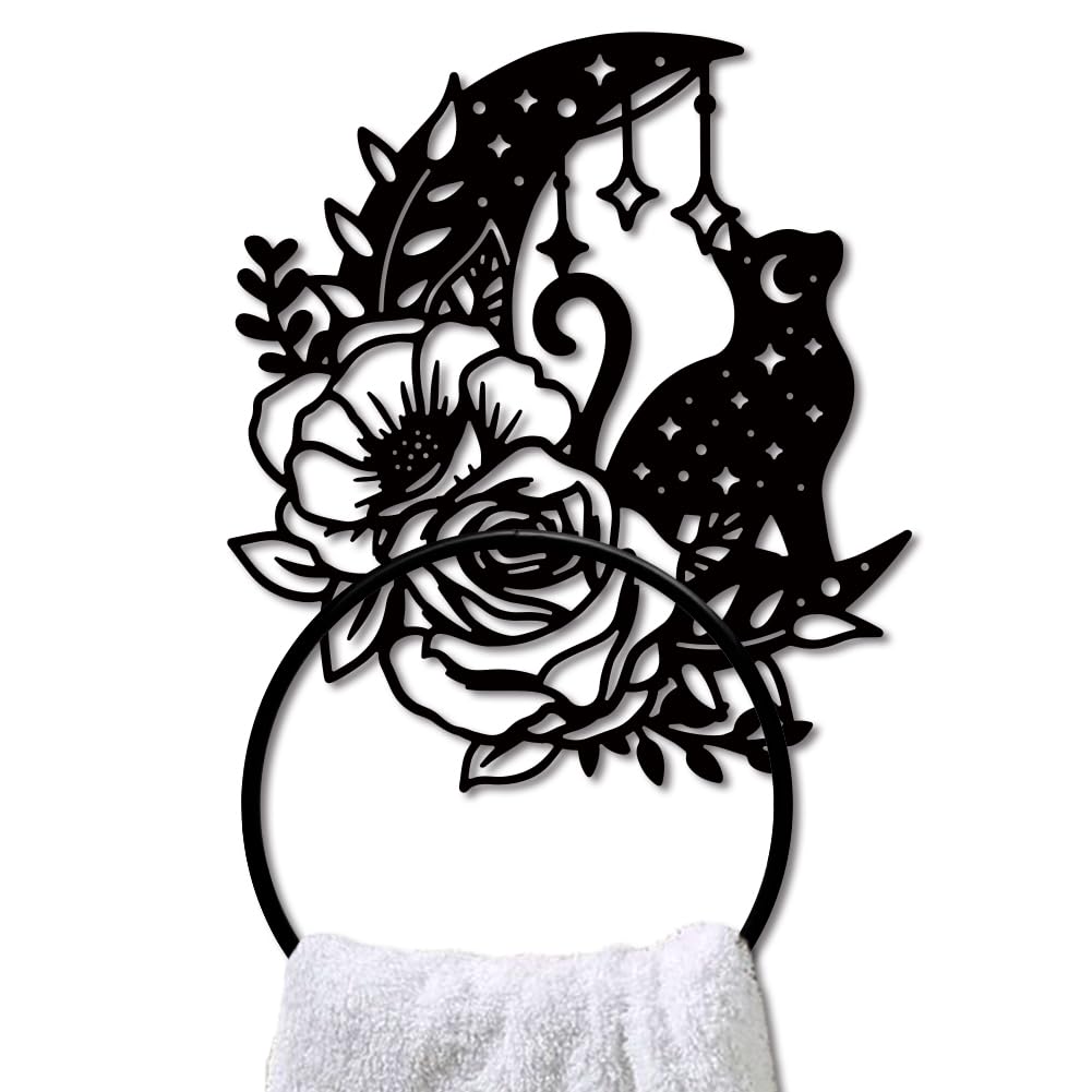 MAYJOYDIY Moon Cat Towel Ring, Rose Flower & Star Pattern Metal Towel Holder, Wall Mounted Black Artistic Home Decor for Bathroom Kitchen