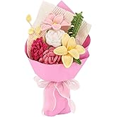 FUCAN Crochet Flowers Finished Bouquet Crocheted Cotton Thread Flowers, Handmade Crochet Rose Tulip Fern Leaf as a Gift for Lover, Friends. Artificial Flower (Pink)
