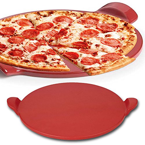 Pizza Stone Plus Cutter and Rolling Pin by Chefcoo™ 15 Inch Red Ceramic Glaze - Professional Baking Cordierite Stone with Handle for Oven, Broiler, Gas, Charcoal Grill - Safe Up to 315°C