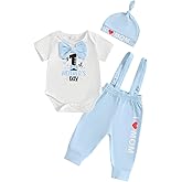 Karuedoo My 1st Mother's Day Baby Boy Outfit Short Sleeve Bowtie Romper I Love Mom Suspender Pants Hat 3 Piece Clothes Set
