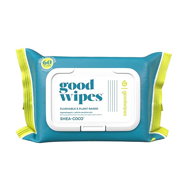GOODWIPES FLUSHABLE & PLANT-BASED WIPES WITH BOTANICALS | DISPENSER FOR AT-HOME USE | SHEA-COCO WITH ALOE SEPTIC AND SEWER SAFE | 60 COUNT (1 PACK) – BIGGEST ADULT WIPES