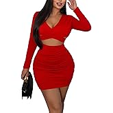 Sexy Club Dresses for Women - Bodycon Mini Dress with Long Sleeve, Deep V-Neck, Cut Out Design for Night Out, Party, Clubbing