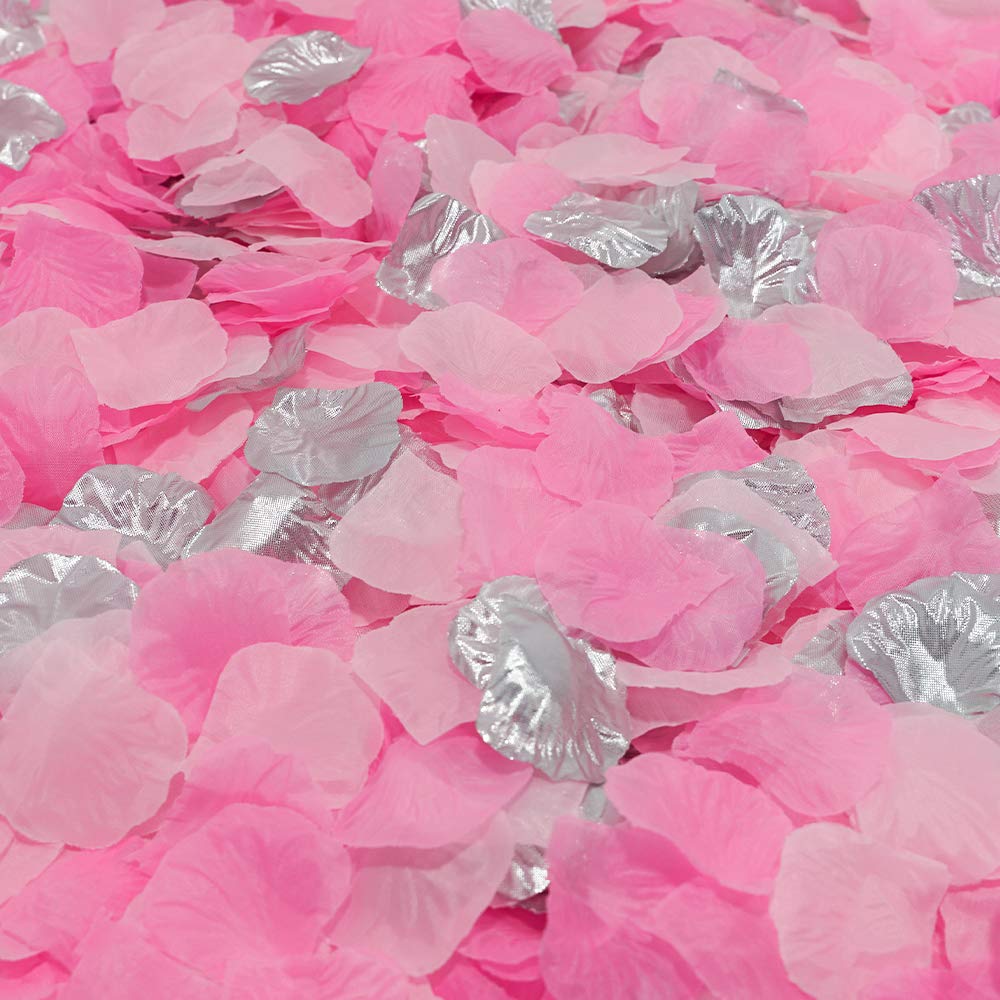 Silk Flower Petals Pink Mix Artificial Rose Petals Wedding Confetti Party Decoration Scatter Floral 1200 Pieces (Light Pink, Pink, Silver)