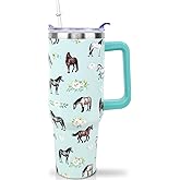 Horse Gifts for Women Tumbler with Handle and Straw, 40 oz Vacuum Insulated Water Bottle Stainless Steel Travel Coffee Mug, Animal Lover Cute Horse Stuff Floral Cup for Home Office Car Outdoors Sports