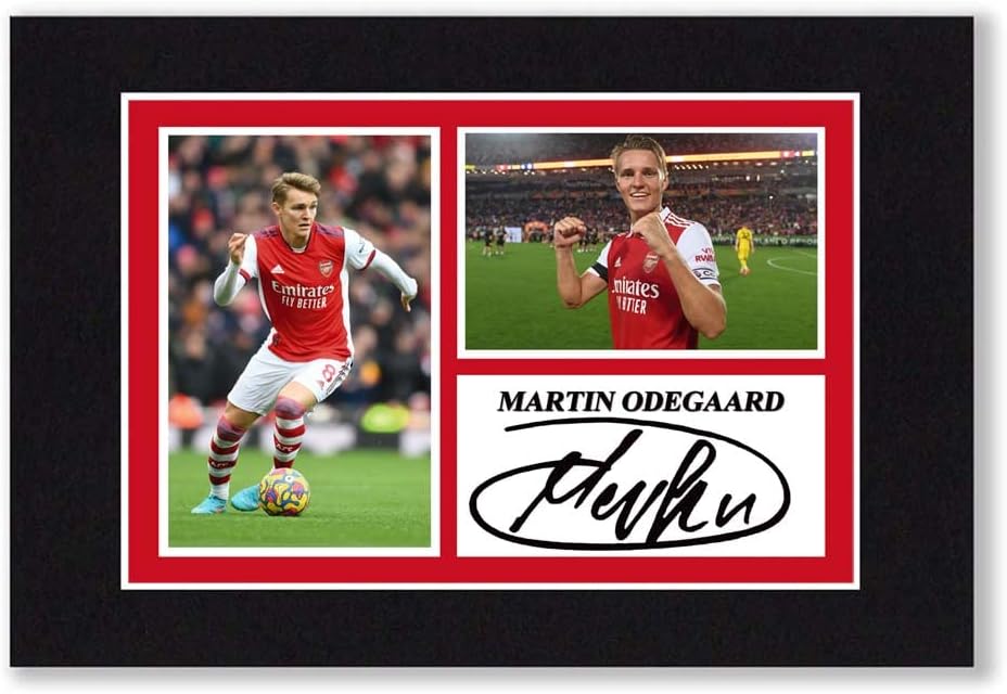 Photographs - A4 Mounted Signed Martin Odegaard Arsenal Photo Montage - With Pre Printed Autograph - Ready To Be Framed - Artwork, Wall Art Football Memorabilia