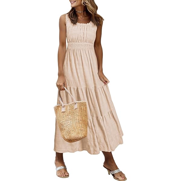 Maggeer Women's Smocked Tiered Midi Dress - Sleeveless Tank With Pockets For Spring & Summer