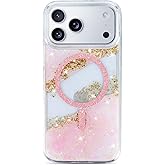 Teayoha Glitter Case for iPhone 17 Pro Max, Luxury Shiny Bling Sparkly Phone Cover, Wireless Charge Compatible with MagSafe,Cute Marble 3D Gold Foil Accents Clear Cover for Women, Girls - Pink
