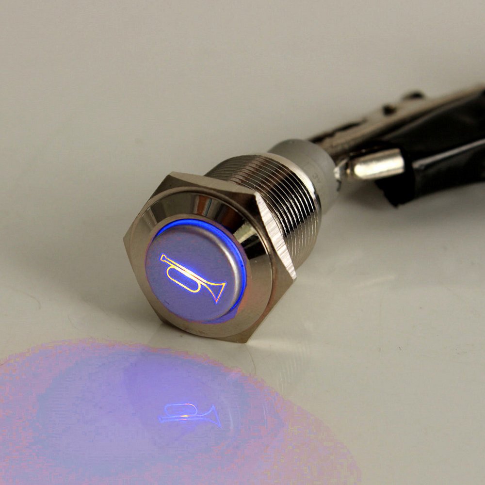 E Support™ 12V Car Blue LED Momentary Speaker Push Button Metal Switch 19mm