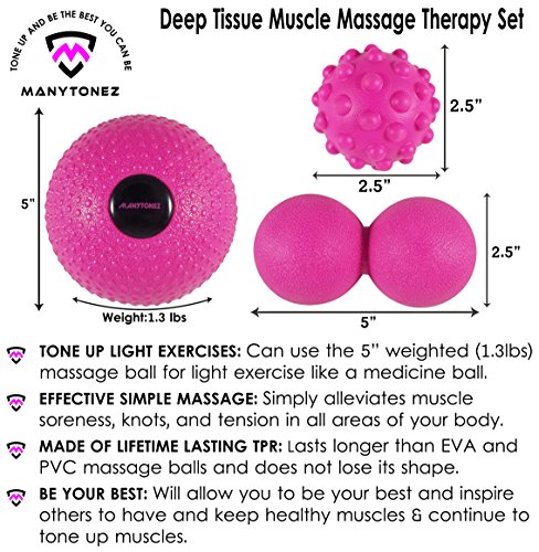 MANYTONEZ Deep Tissue Massage Ball Set - Includes 5" Weighted (1.3lb) Medicine Massage Ball, Peanut Lacrosse Ball, Spiky Massage Ball - For Trigger Point Therapy, Myofascial Release