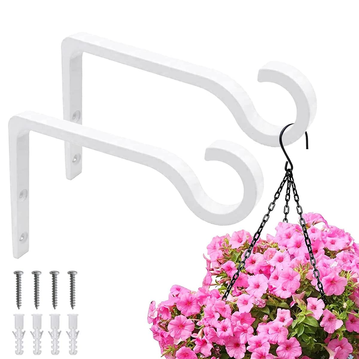 HZSOOCH 2Pack Hanging Basket Bracket, 6 Inch Wall Hanging Hooks Hanger, Heavy Duty Hanging Brackets with Screws for Flower Basket Plants Bird Feeder Wind Chimes (White)