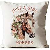 CosxHabitat Pink Horses Throw Pillow Covers,Horse Lovers Gifts for Girls Women Daughter,Just a Girl Who Loves Horses Cushion Pillow Covers,18x18 inch