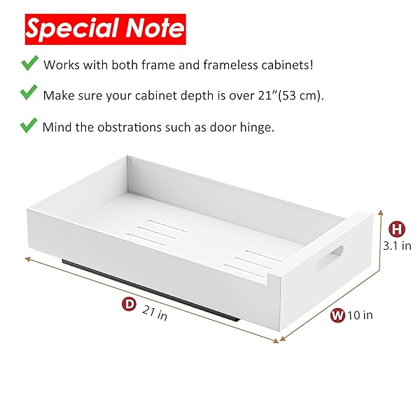 1 PACK | 21″ DEEP PULL OUT CABINET ORGANIZER ADHESIVE, 10-INCH WIDE STURDY CARBON STEEL ROLL-OUT DRAWERS FOR FACE FRAME OR FRAMELESS CABINETS,SLIDE-OUT SHELVES FOR PANTRY.