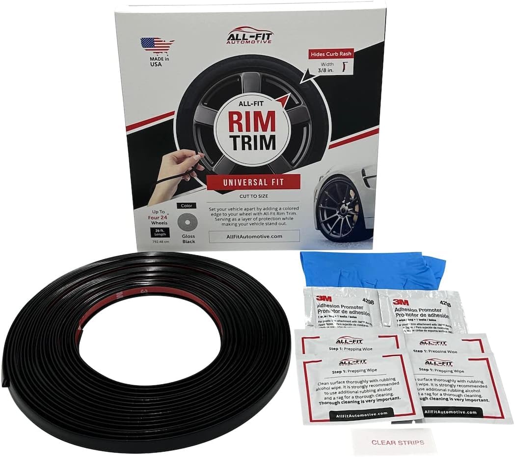 All-Fit Automotive Rim Trim – Durable DIY Car Exterior Accessories for Curb Rash Protection – Fits Up to Four 24” Wheels – Flexible, Durable Wheel Rim Protector (3/8″ width/Black)