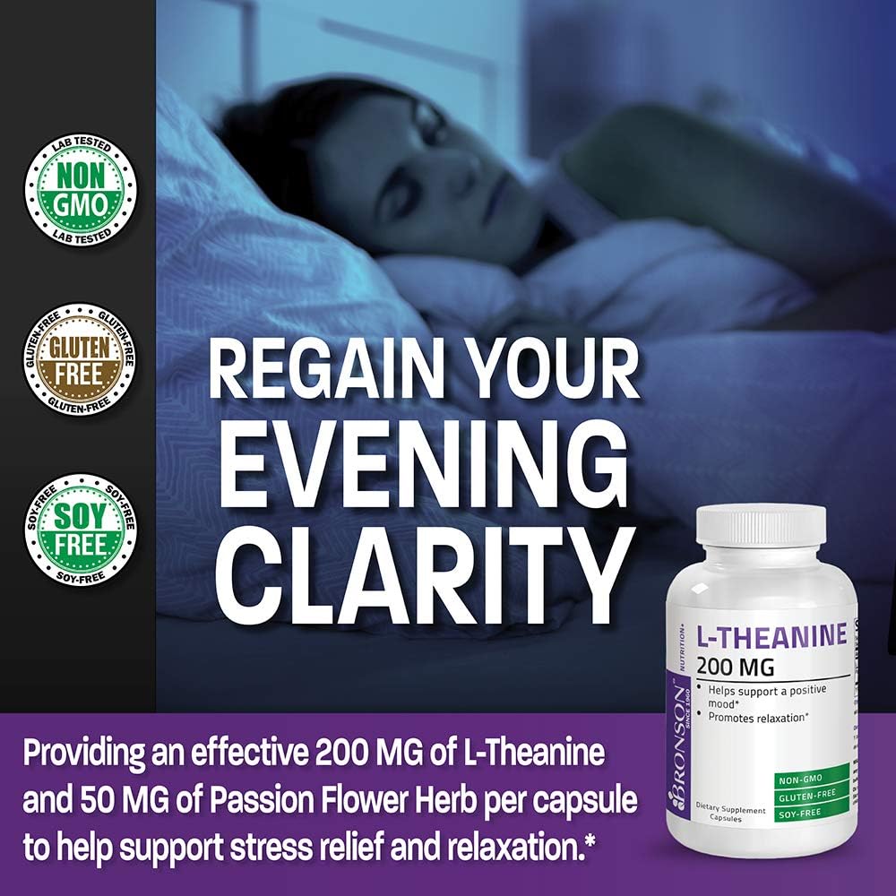 L-Theanine 200mg (Double-Strength) with Passion Flower Herb - Reducing Stress and Promoting Relaxation Without Sedation - Non GMO, 120 Capsules: Health & Personal Care