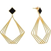 Geometric Drop Earrings Gold-Plated with Black Stone Stud Multi-Chain Design Earrings,1pair/pack
