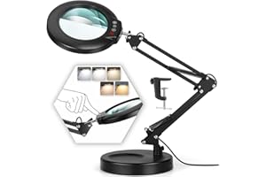DRDEFI 10X Magnifying Glass with Light and Stand, 5 Color Modes Stepless Dimmable 2-in-1 Desk Lamp with Clamp, Hands Free LED Lighted Magnifier with Light for Craft Hobby Painting Reading Repair Close Works