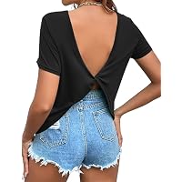 LilyCoco Women's Backless Criss Cross Top - Short Sleeve V Neck Twist Back T-Shirt In Red, Casual & Sexy Fit, Size 3X-Large