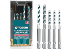 YOSIGHT 5-Piece Hex Shank Drill Bit Set, 3/16”-1/2” (5mm-12mm), Tungsten Carbide, for Wood, Metal, Plastic, Masonry