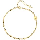 KHFGDS 14K Gold Anklets for Women Gold Ankle Bracelets for Women Beads Accessory Chain Cross Anklets for Womens Virgin Mary Medallion and Delicate Cross Womens Ankle Bracelets Adjustable Length 9.4'' to 11''