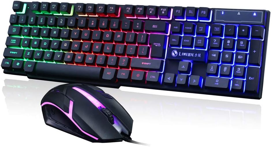 GT300 Gaming Keyboard Rainbow Keyboard + Wired Mouse Set, Colorful LED 104 Key USB Backlit Mechanical Handfeel Keyboard, Computer Plug and Play Gaming illuminated Keypad Support Windows 10/8 / XP