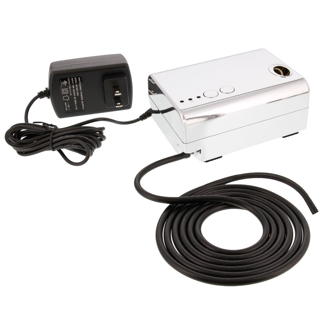 Super Quiet Mini Airbrush Compressor 3 Airflow Control Settings, 6' Push on Rubber Airbrush Hose, Operates at 12V DC with a 110V AC plug in Adapter