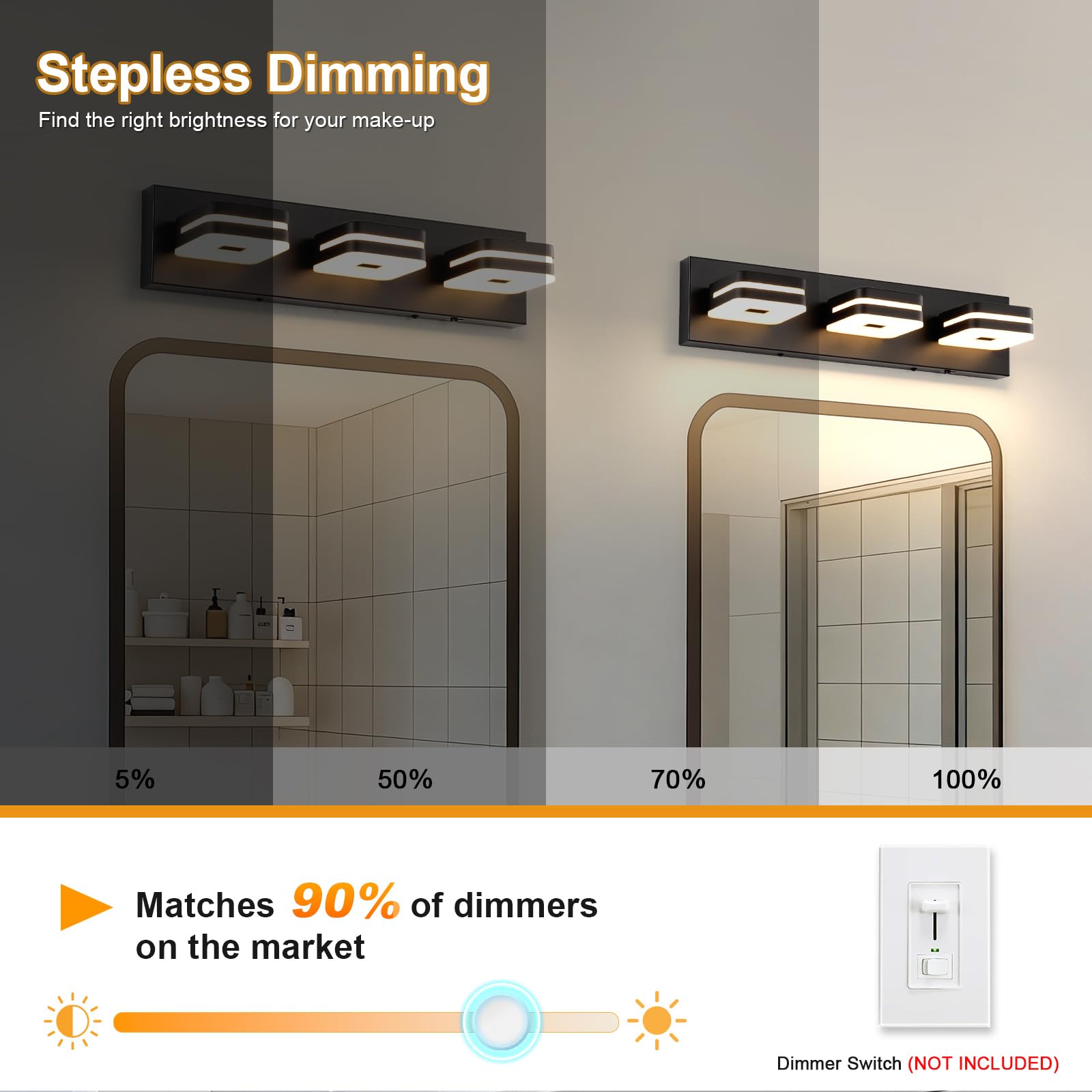 7Degobii Modern Bathroom Vanity Lights, 3-Light Dimmable LED Wall Sconce, Matte Black Vanity Light for Mirror, 5CCT Adjustable Vintage Bathroom Lighting Fixtures Over Sink