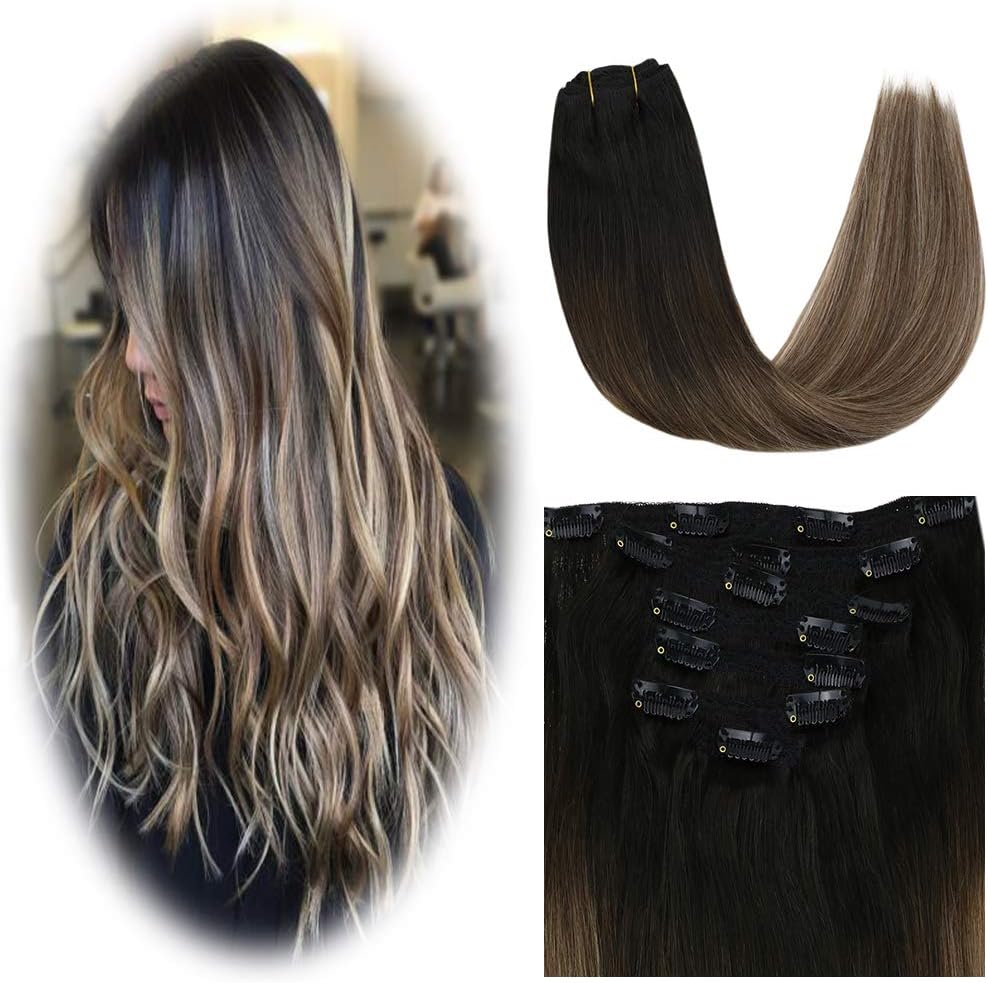 JoYoung Double Weft Human Hair Extensions Clip on 24inch Natural Black to Dark Brown with Ash Brown Balayage Human Hair Clip in Extensions 7pcs 120g