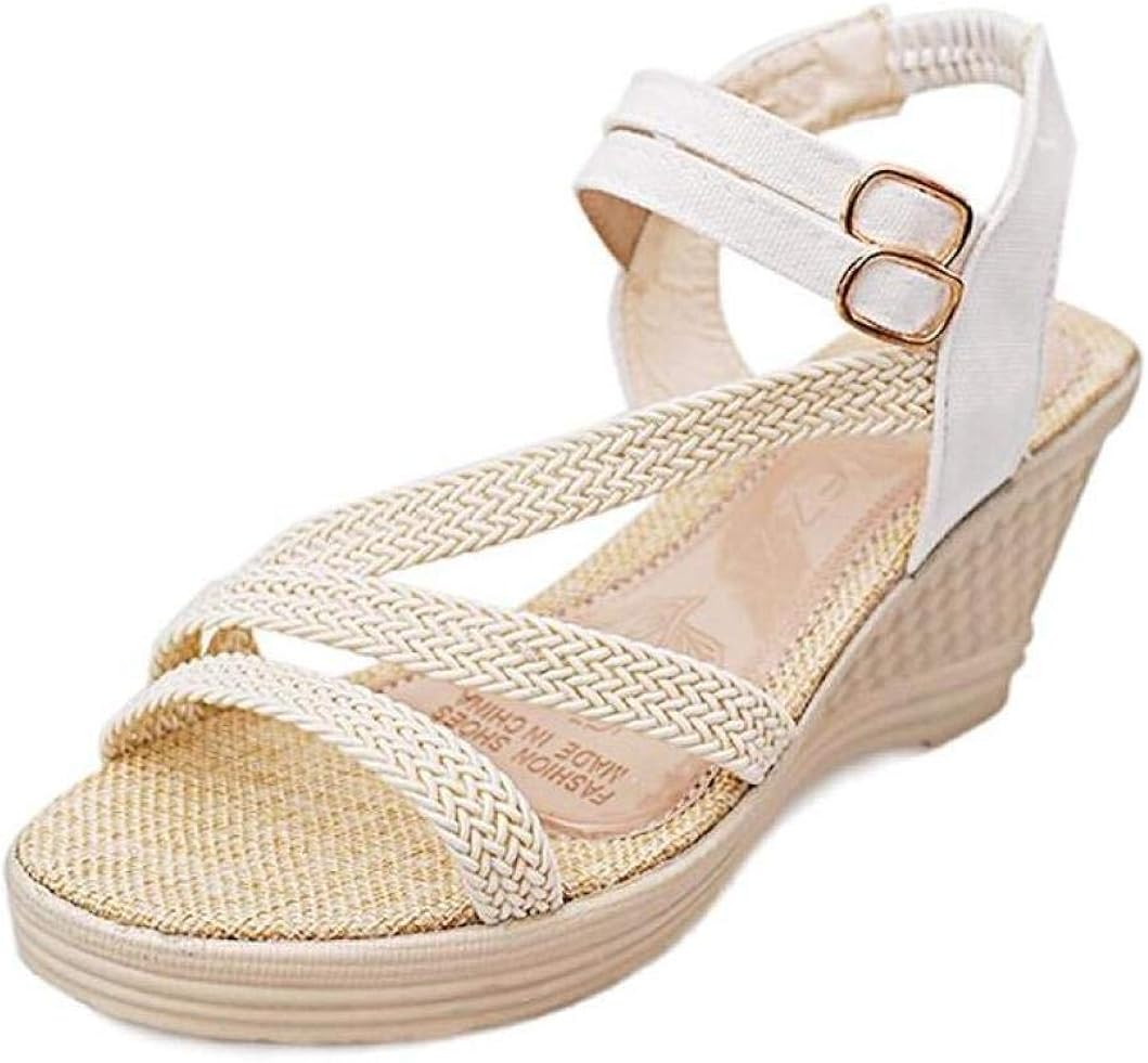 Amazon.com | ChyJoey Women's Braided Wedge Sandals Open Toe Mid Heel Buckle Ankle Strap Casual 