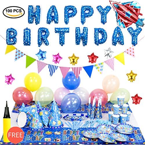miabing Birthday Party Supplies and Party Decorations All-in-One Pack with Blue Foil Balloons and baby shower decorations(1 balloon pump)(Over 100 PC)